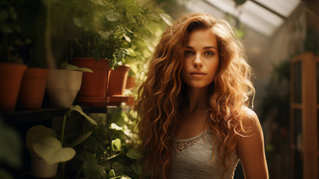 Woman With Long Hair Standing in a Greenhouseの素材