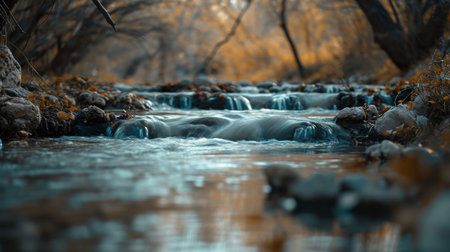 A Stream of Water Flowing Through a Lush Green Forestの素材