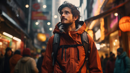 Man With Backpack Walking Down Crowded Streetの素材