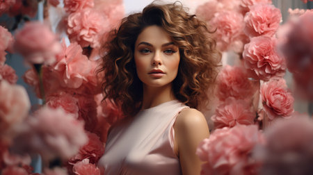 Woman Standing in Front of Pink Flowersの素材