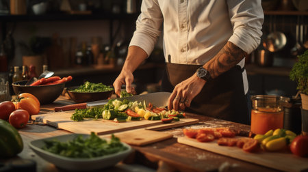 Man Cutting Vegetables on a Cutting Boardの素材