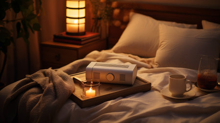 A Lit Candle on a Bed in a Dark Roomの素材