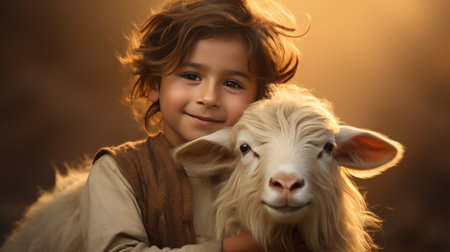 Little Girl Holding a Sheep in Her Armsの素材