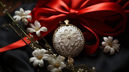 Close-Up of Red Ribbon and Flowersの素材