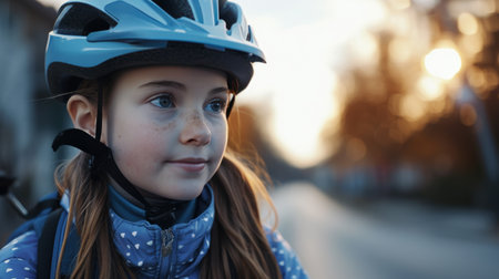 Young Girl Wearing Helmet and Blue Jacketの素材