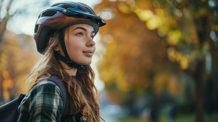 Young Girl Wearing Helmet and Blue Jacketの素材