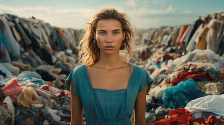 Woman Standing in Front of a Pile of Clothesの素材