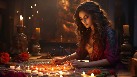 Woman Sitting at Table in Front of Candlesの素材