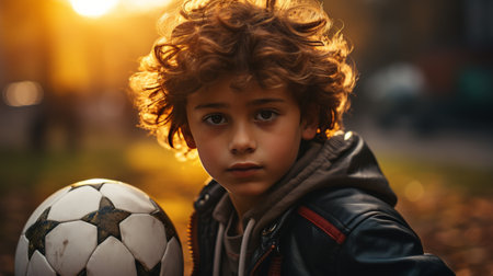 Young Boy Sitting on Ground With Soccer Ballの素材