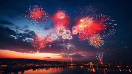 Fireworks Illuminate the Night Sky Over a Cityの素材