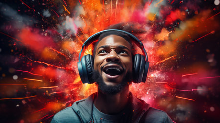 Man Listening to Music With Headphones and Beardの素材