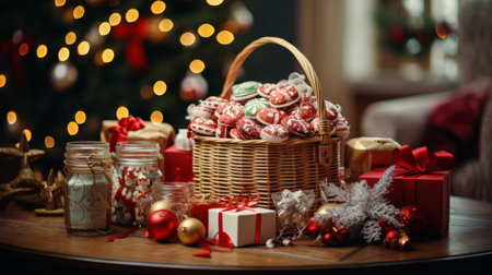 A Basket of Christmas Presents on a Tableの素材