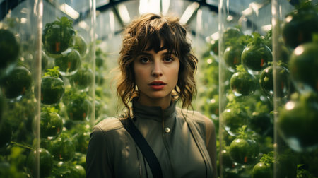 Woman Standing in Greenhouse Observing Plantsの素材