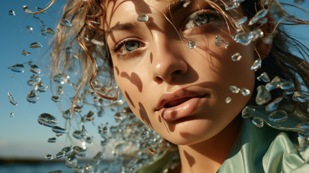 Woman Standing in Water With Blowing Hairの素材