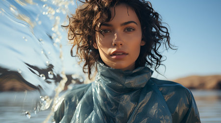 Woman Standing in Water With Blowing Hairの素材