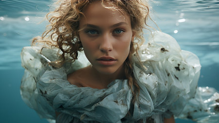 Woman Standing in Water With Blowing Hairの素材
