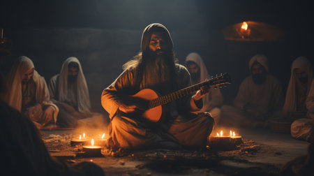 Man With Long Beard Playing Guitarの素材