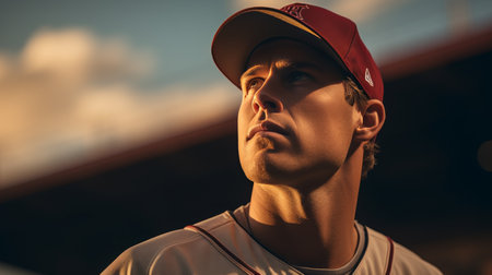 Close Up of Baseball Player Wearing Hatの素材