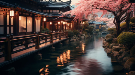 A Stream of Water Surrounded by Pink Flowersの素材