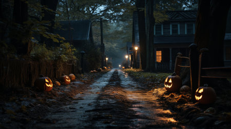 A Dark and Spooky Halloween Scene With Jack-o-Lanternsの素材