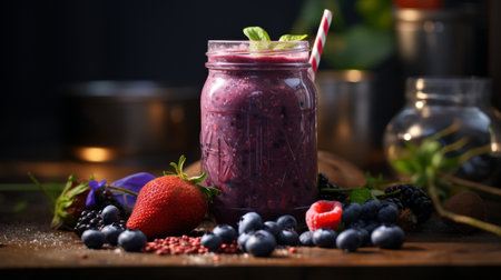 A Refreshing Smoothie With Berries and Nuts on a Tableの素材