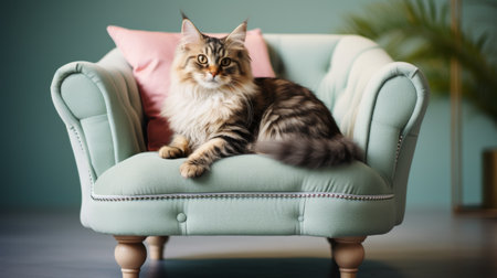 A Cat Sitting on Top of a Blue Chairの素材