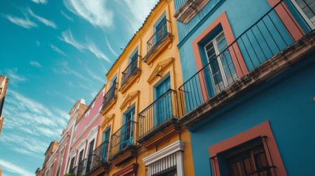 Street Lined With Yellow Buildings and Treesの素材