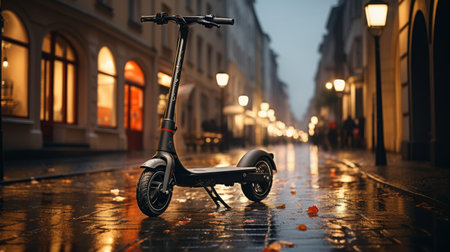 Electric Scooter Parked on City Street at Nightの素材
