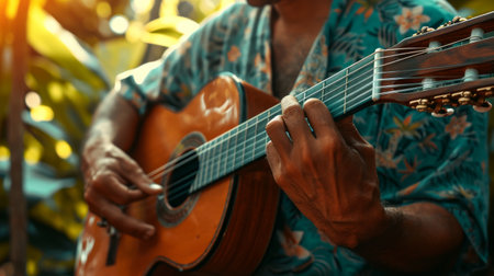 A Man Holding a Guitar in His Right Handの素材