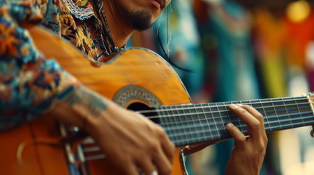 A Man Holding a Guitar in His Right Handの素材