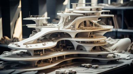 Exquisite Wooden Building Model Showcasing Detailed Craftsmanship and Construction Techniquesの素材