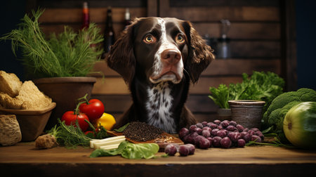 A Dog Sitting in Front of a Table Full of Foodの素材