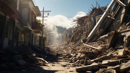 A Car Driving Through a Rubble-Filled Streetの素材