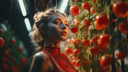 Woman Standing in Greenhouse Observing Plantsの素材