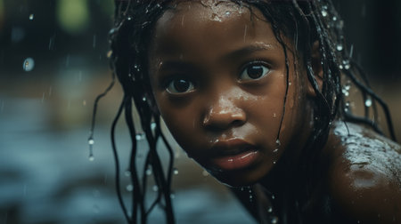 A young girl with dreadlocks stands in the rain.の素材