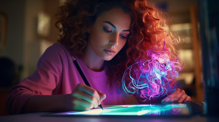 Woman With Red Hair Writing on Tabletの素材