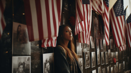 Woman Standing in Front of American Flagsの素材