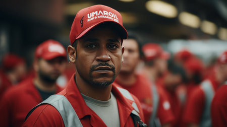 Man in Red Hat Stands in Front of Group of Workersの素材