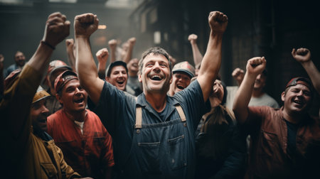 Group of People With Arms Raised in Celebrationの素材