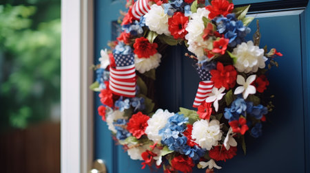 Patriotic Wreath Hanging on Blue Doorの素材