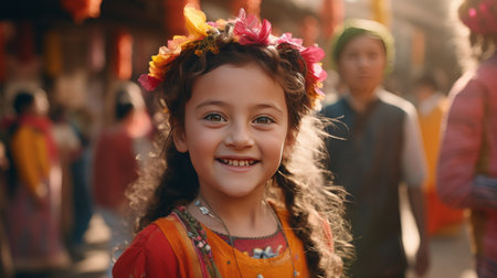 A young girl wearing a flower in her hair smiles brightly, showcasing her joy and innocence.の素材