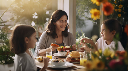 Woman Sitting at Table With Two Childrenの素材