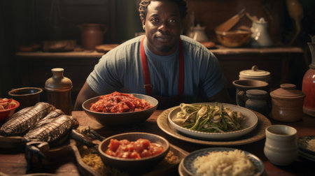 Man Sitting in Front of a Table Full of Foodの素材