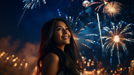 Woman Standing in Front of Fireworks Displayの素材