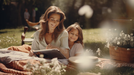 Woman Reading Book to Little Girl on Blanketの素材
