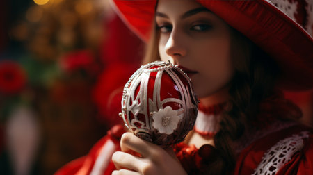 Woman Wearing Red Hat Holding Red and White Ornamentの素材