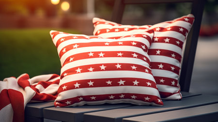 Two Red and White Pillows on Wooden Benchの素材