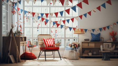 A Room With a Chair and Numerous Flags on the Wallの素材