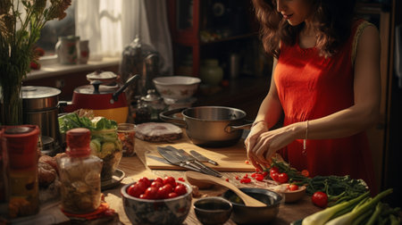 Woman in Red Dress Preparing Food in Kitchenの素材