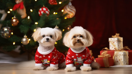 Two Small Dogs Sitting Beside a Christmas Treeの素材